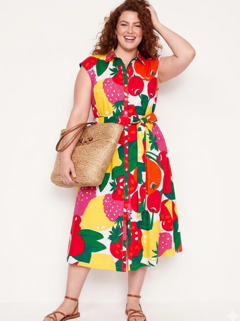 New Boden Rachel Poplin Cotton Midi Shirt Dress Fruit Print Sz 16-18R Colorful
